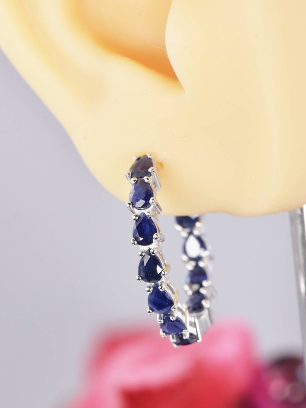 Natural Genuine Blue Sapphire Inside Out Hoop Earrings 925 Sterling Silver